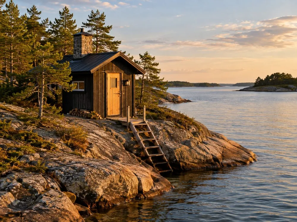 A wooden sauna and jetty on an island in the Helsinki archipelago