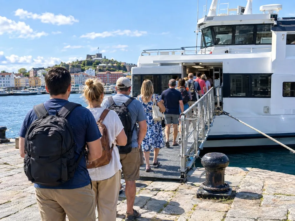 A queue at the Suomenlinna ferry gate on a summer Sunday evening
