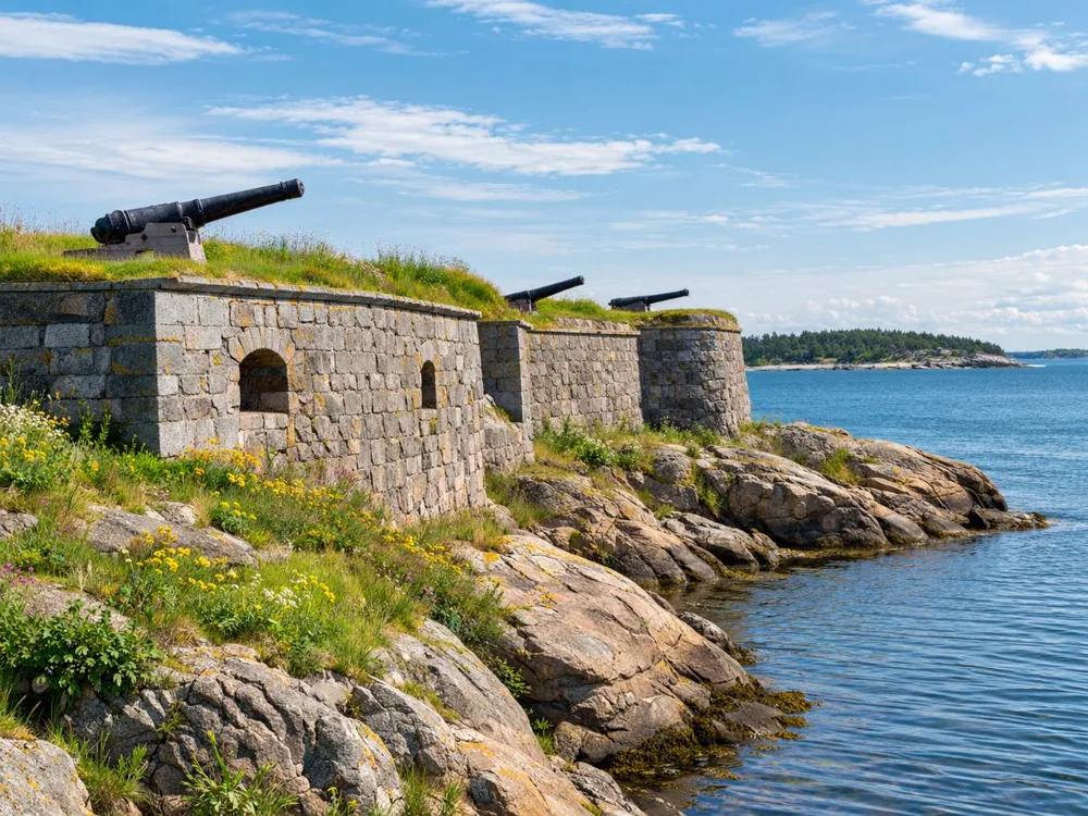 The walls of Suomenlinna sea fortress seen from the water
